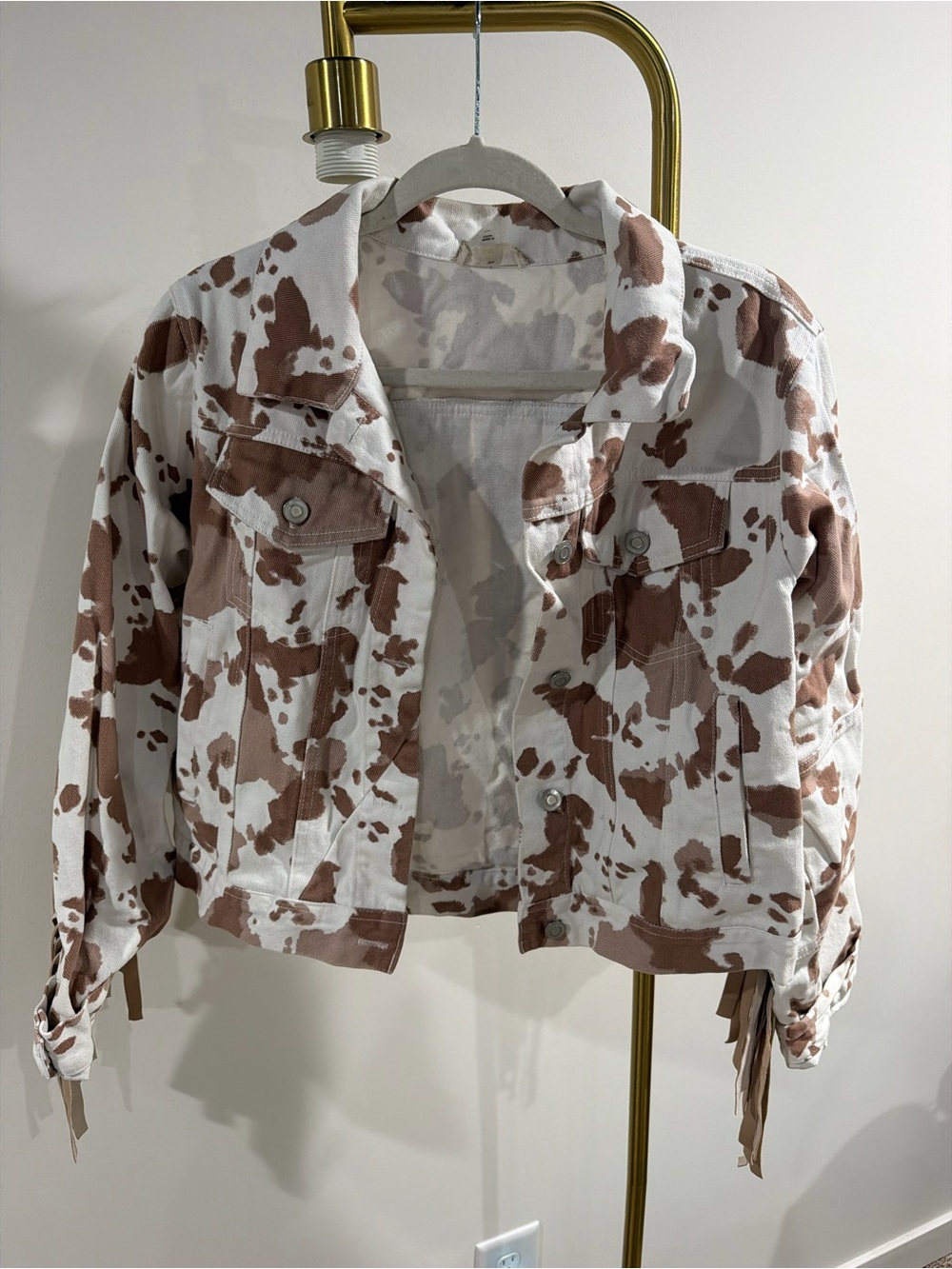 Altar'd State White & Brown Cowprint Denim Jacket
